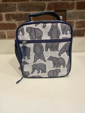 Pottery Barn Kids Gray Bear Print Lunch Box - Navy Trim